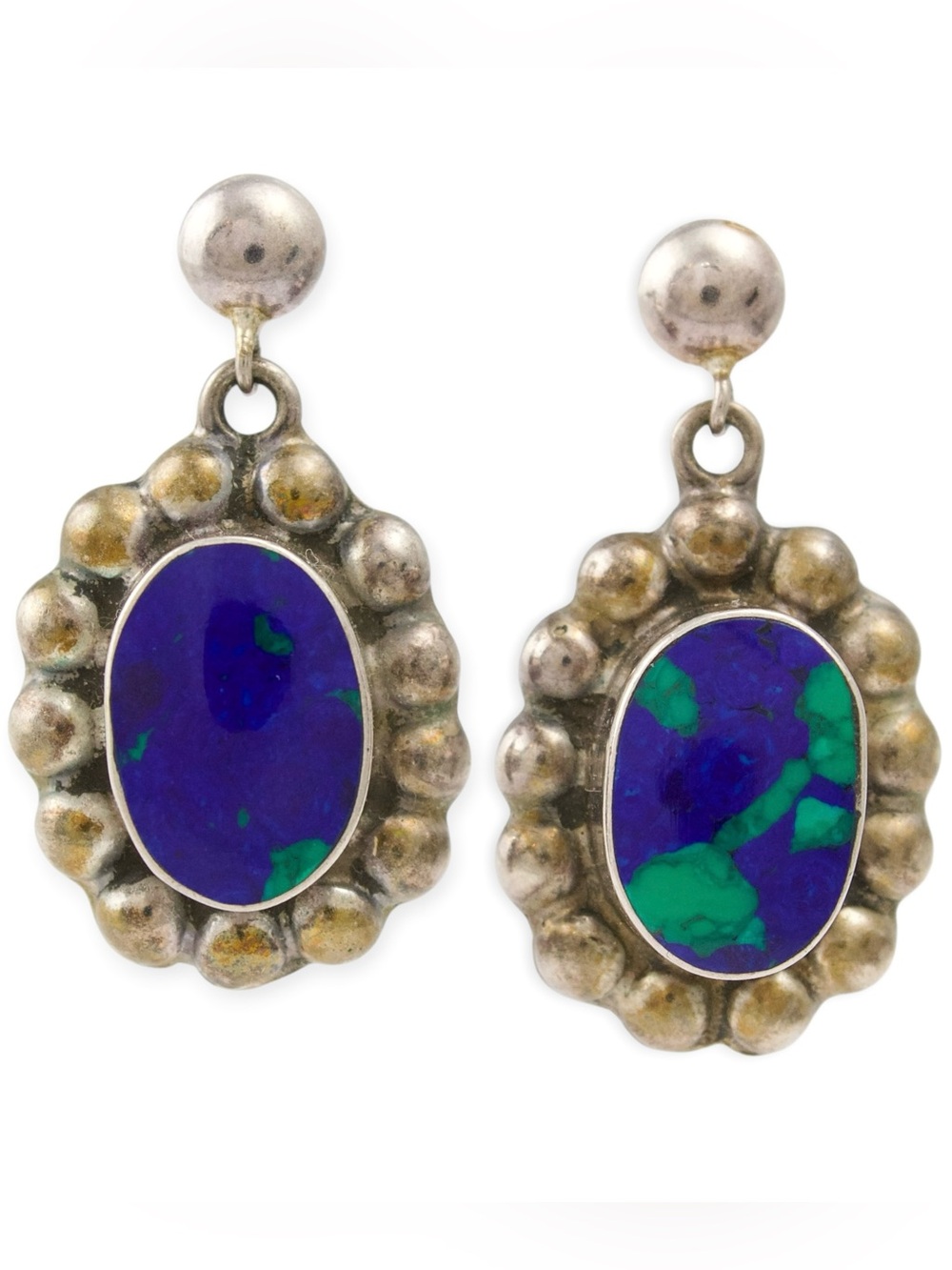 Vintage Azurite Malachite Sterling Silver Dangle Earrings